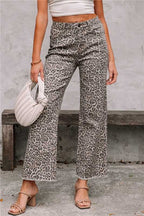 High-Waisted Light Grey Leopard Print Wide-Leg Cropped Jeans