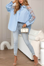 Solid Color Loose-fitting Patchwork Lace Long-sleeved Casual Shirt