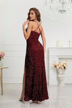 V Neck Slit Sequin Slip Prom Dress