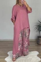 Irregular Linen Tunic & Vintage Floral Wide Leg Pant 2-Piece Set
