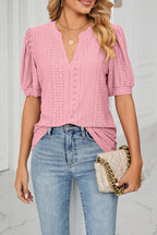 Casual v-neck solid color hollow puff sleeve loose t-shirt top women