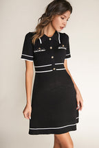 Black Contrast Trim Collared Knitted Mini Dress