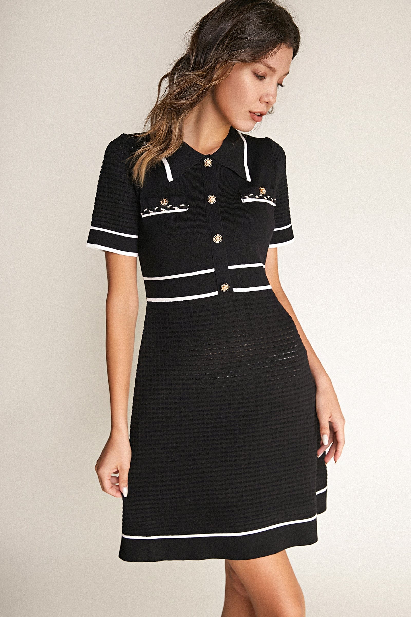 Black Contrast Trim Collared Knitted Mini Dress