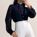 Black High Neck Ruffle Detail Button-Up Work Shirt