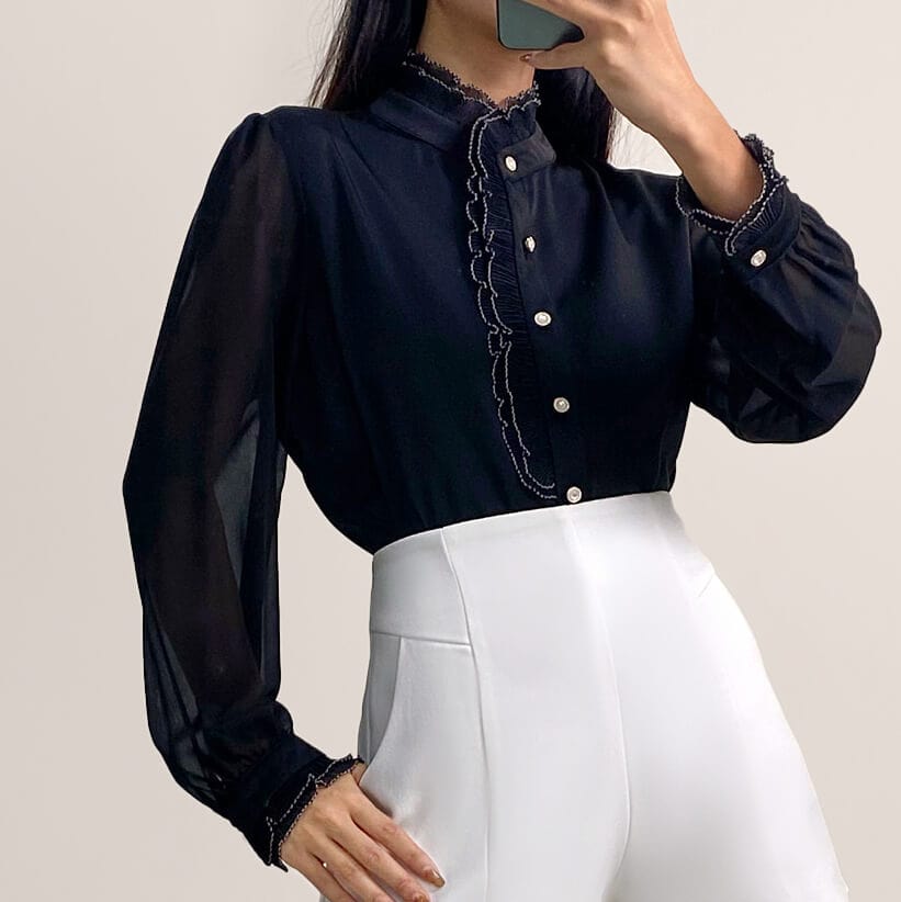 Black High Neck Ruffle Detail Button-Up Work Shirt