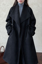 Drawstring Notch Collar Long Relaxed Overcoat
