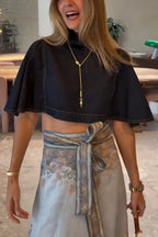 Next Vacation Denim Mock Neck Short Flutter Sleeves Crop Top