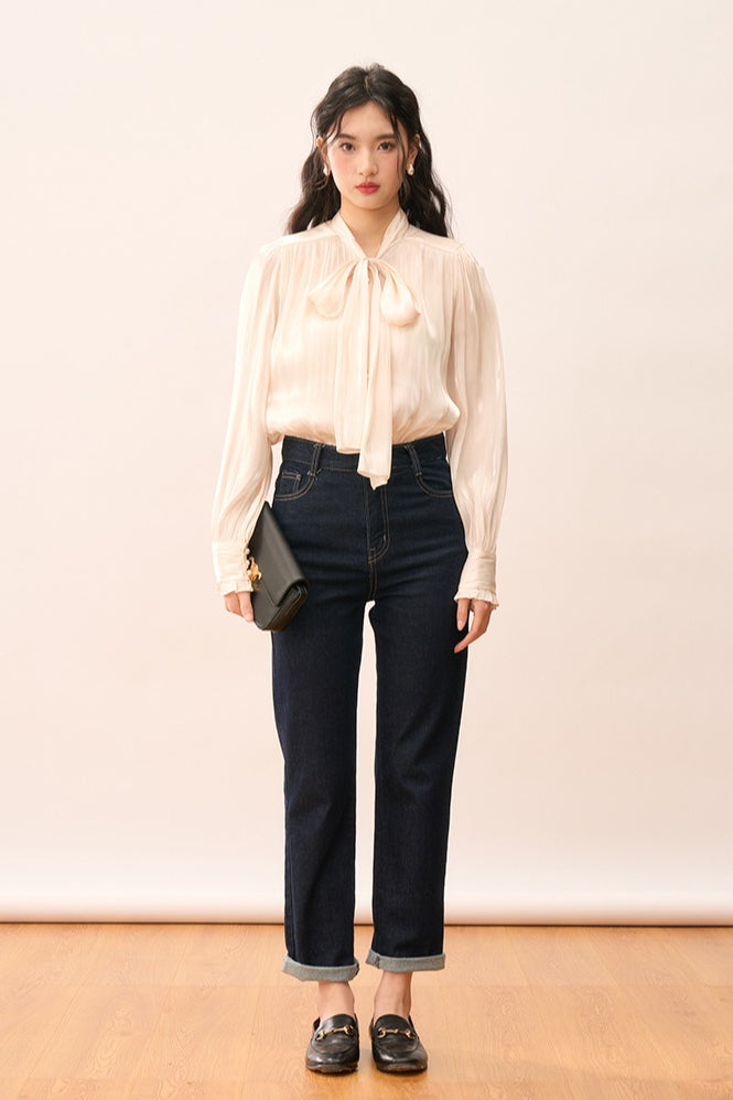 Shiny Ribbon-Tie Elegant Romantic Blouse