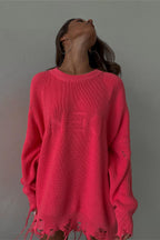 Edgy Ripped Grunge Crew Neck Casual Knit Sweater
