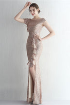 Glitter High Neck Mermaid Slit Formal Dress