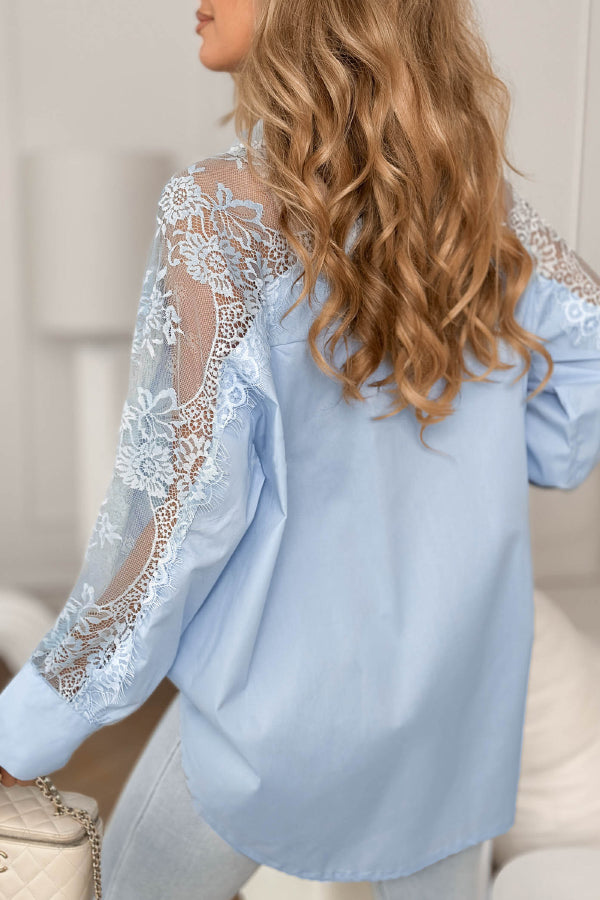 Solid Color Loose-fitting Patchwork Lace Long-sleeved Casual Shirt