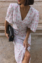 V Neck Short Sleeve Maxi Floral Dress