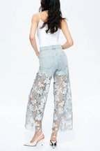 Elegant Lace Openwork Casual Pocket Straight Leg Jeans