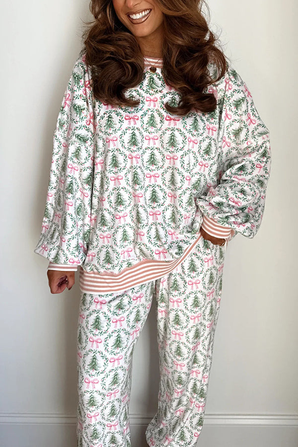 Christmas Print Loose Long-sleeved Top and Elastic Waist Casual Pants Set
