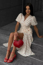 Cotton Print Tie Puff Sleeve Midi Dress