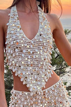 Beaded Shell Applique Crochet Halter Top Bodycon Mini Skirt Set
