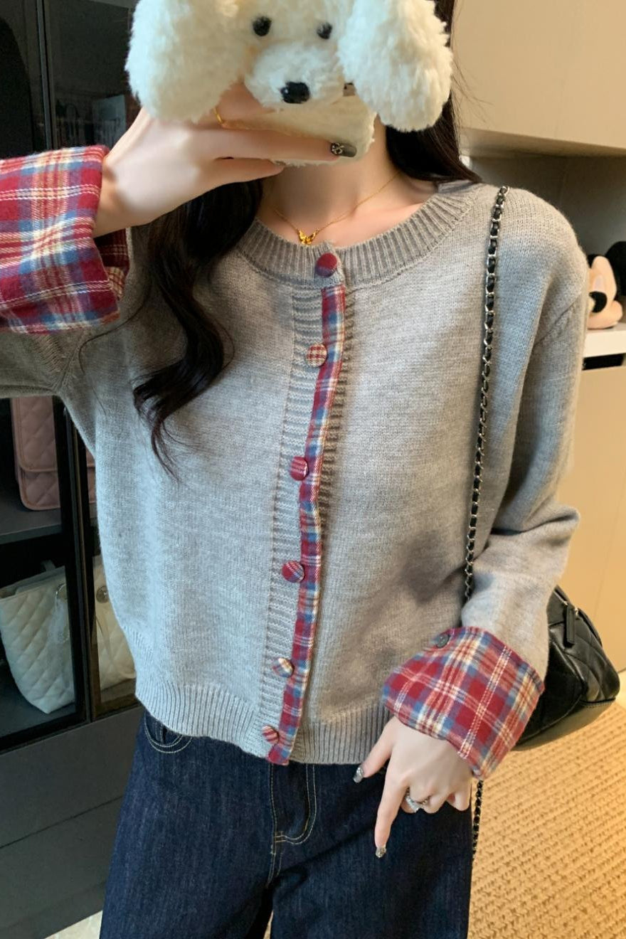Red Plaid Contrast Round Neck Cardigan
