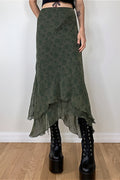 Floral Green Chiffon Irregular Maxi Skirt