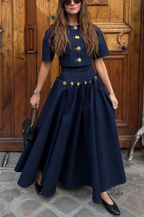 Custom Look Denim Unique Metal Pattern Buttons Slit Half Sleeve Crop Jacket