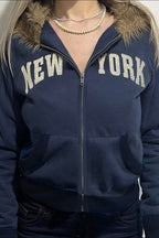 Fur Collar Letter Print ZipUp Hoodie