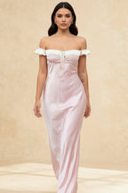 Pink Satin Ruched Charming Contrast Sleeve Dress