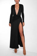 Deep V Neck Long Sleeve Slit Formal Dress
