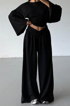 Casual Cinched Waist Flared Sleeve Top Palazzo Pants Set