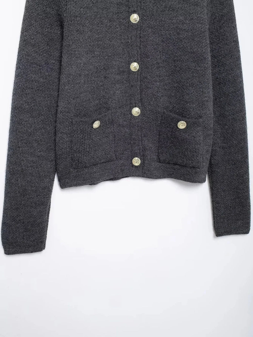 Gold Decorated Row Button Short Knitted Cardigan