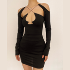 Cross front hollow out off shoulder long sleeve mini dress