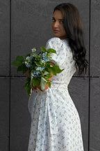 Printed Puff Sleeve Cotton Midi Dress