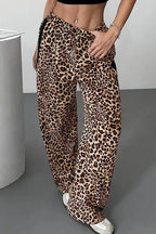 Stylish Leopard Print Black Trim High-Waisted Wide-Leg Pants