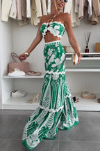 Cassie Ric Rac Trims Unique Print Halter Ring Tank and High Rise Wide Leg Pants Set