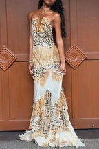 Coral Satin Leopard Print Halter Cowl Neck Exaggerated Ruffles Hem Maxi Dress