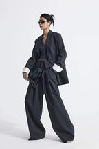 Grey Striped Vest Wide Leg Three Piece Set