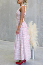 Polka Dot Print Halter Neck Fitted Waist Holiday Maxi Dress