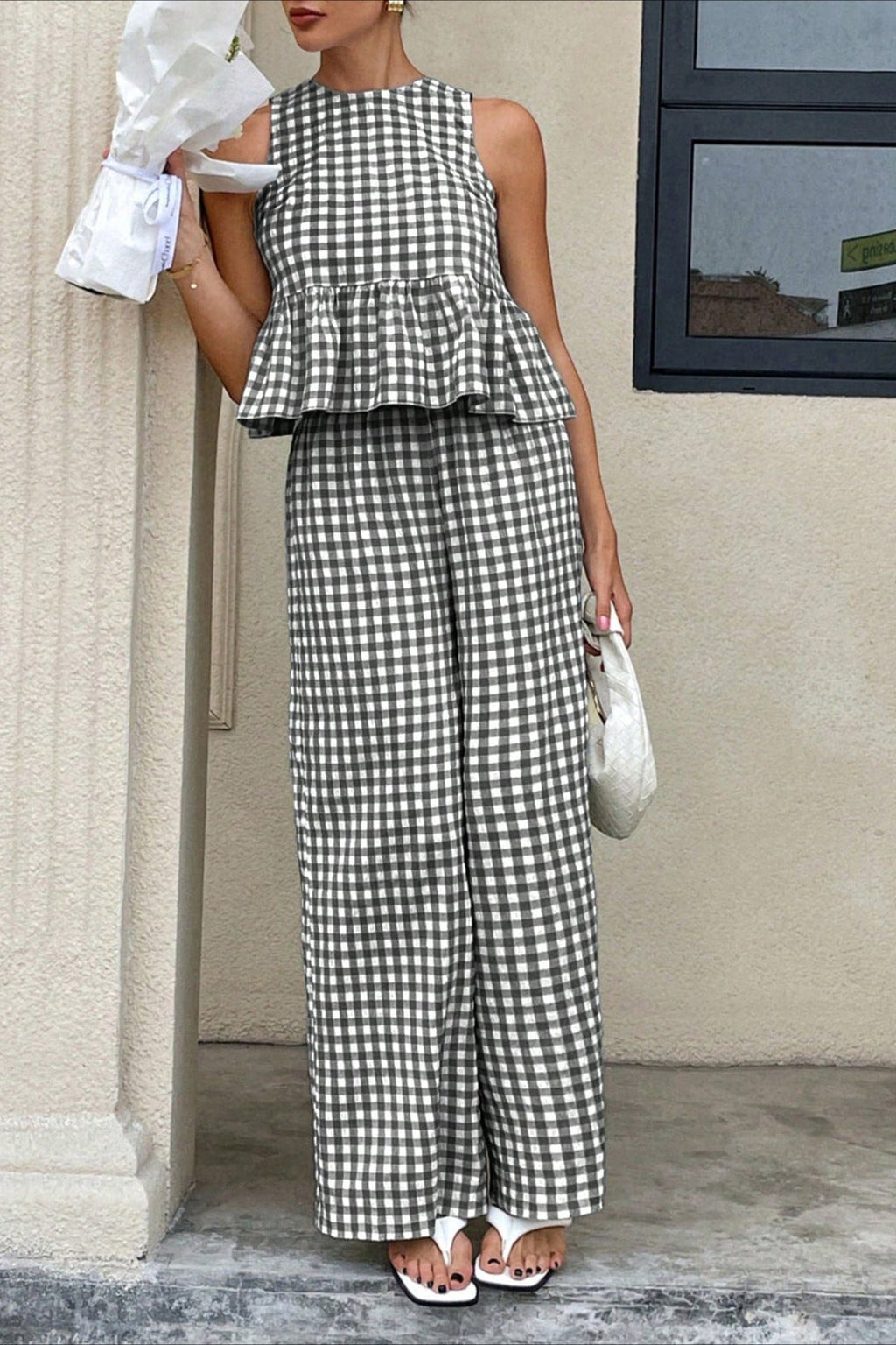 Plaid Ruffle Hem Round Neck Sleeveless Skirt Set