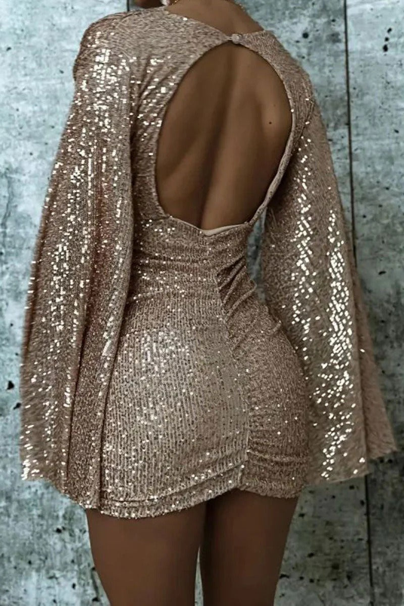 Sexy V Neck Bodycon Asymmetric Sequin Cocktail Dress