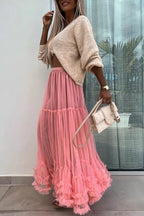 Elegant Tulle Stretch Waist Paneled Pleated Maxi Skirt