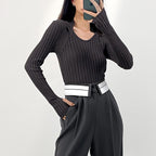 Dim Grey Strap Detail Cut Out Ribbed Knit Sweater