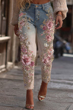3D Floral Print Pocket Casual Jeans
