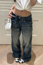 Blue Low Rise Washed Relaxed Straight Jeans