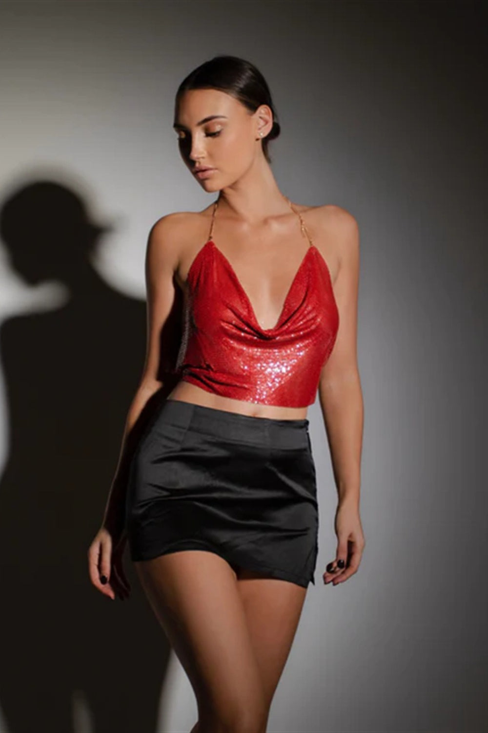 Sequin Halter Backless Crop Top