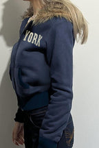 Fur Collar Letter Print ZipUp Hoodie