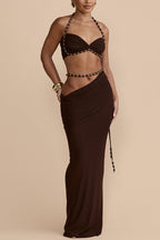 Emara Stretch Mesh Hand Beaded Trim Gathered Sweetheart Crop Halter Vacation Tank