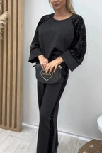 Stylish Sequined Loose-fitting Crew Neck Top and Casual Pocket Wide-leg Pants Set