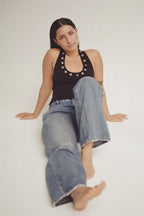 Metal Ring Cut Out Halter Sexy Fitted Tank Top