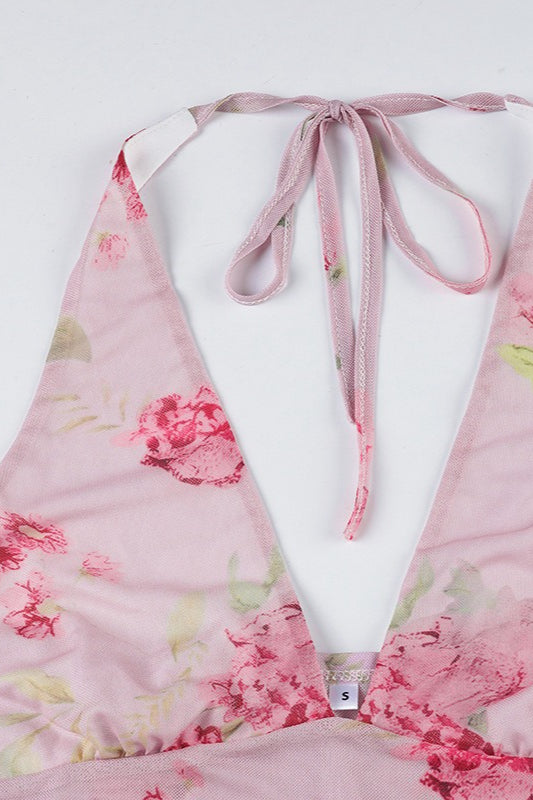 Sexy V Neck Mesh Floral Print Irregular Ruffle Halter Top
