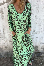 Leopard Print V-neck Pullover Long-sleeved Loose Dress