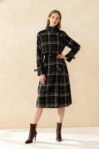 Autumn Winter Long Loose Warm Plaid Wool Blends Sleeve Belt Double Breasted Woolen Stylish Coat
