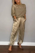 Satin Gloss Drawstring Waist-Defining Wide-Leg Workwear Set